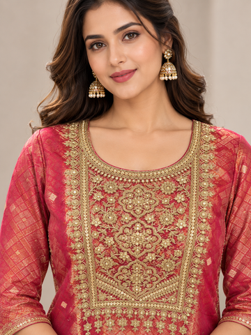 Ranas Rose Pink Banarsi Embroidered Anarkali Set