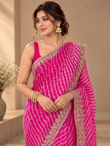 Ranas Pink Leheriya Pure Georgette Saree with Gota Patti Work