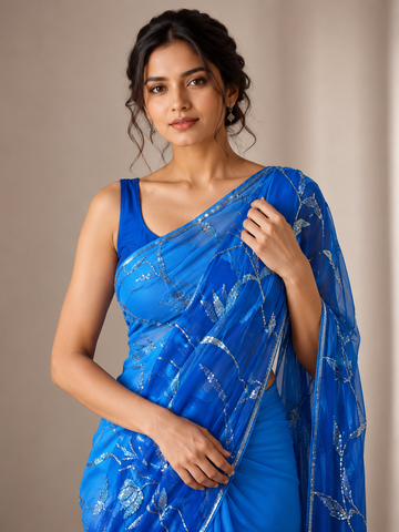 Ranas Pure Chiffon Shaded Blue Designer Saree