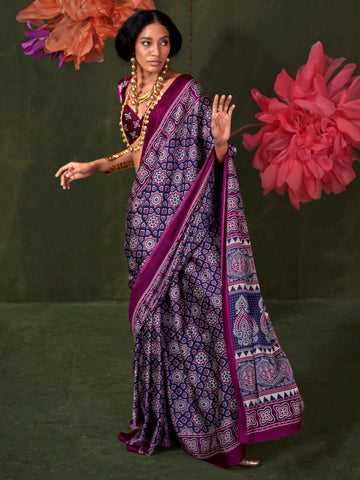Ranas Ethnic Ajarakh Printed Satin Crepe Saree