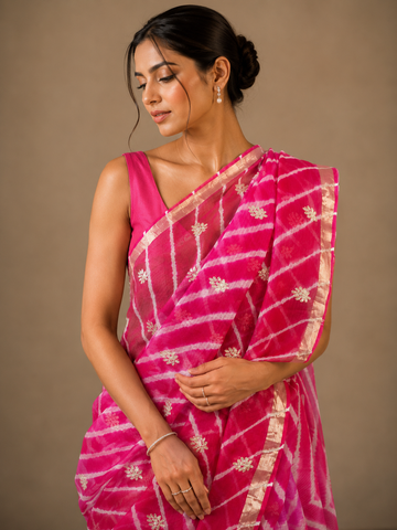 Ranas Pink Color Pittan Work Leheriya Saree