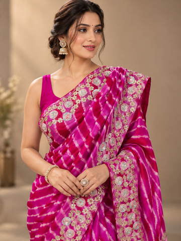 Rani & Pink Leheriya Tussar Silk Saree