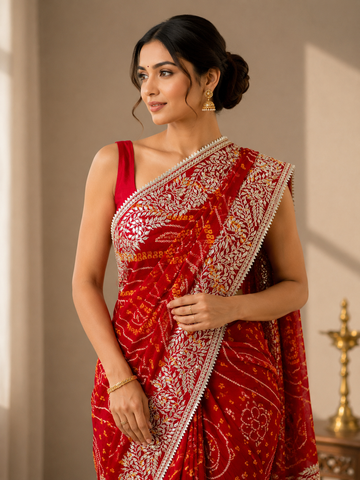 Ranas Gota Patti Red Bandhej Saree