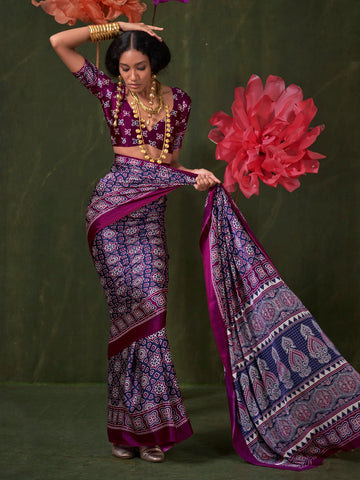 Ranas Ethnic Ajarakh Printed Satin Crepe Saree