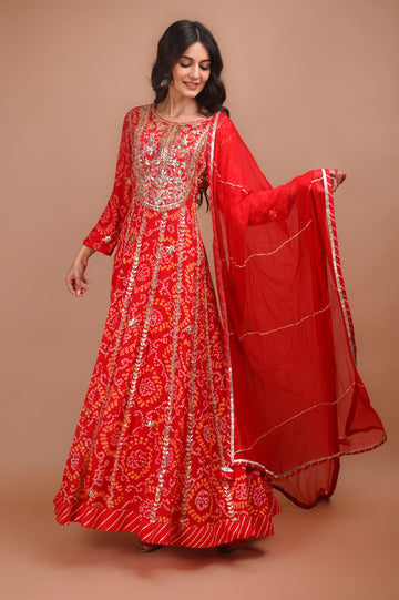 Ranas Red Anarkali Bandhej Suit