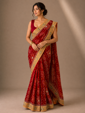 Ranas Luxury Red Bandhej Saree for Traditional Occasions