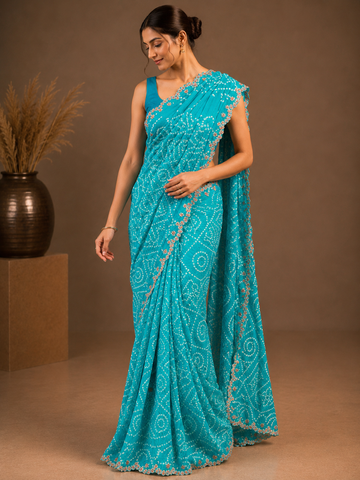 Ranas Sea green Handcrafted Bandhani Saree