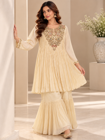 Ranas Off White Chinon Sharara Set
