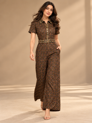 Ranas Coffee Ajrakh Printed Designer Jumpsuit
