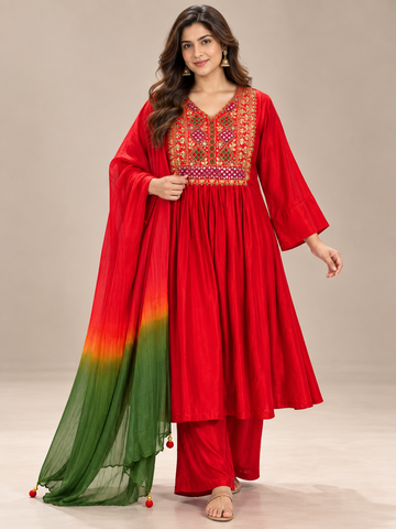 Ranas Red Cotton Silk Embroidered Three-Piece Suit Set