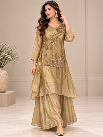 Ranas Olive Green Tissue Embroidered Two-Piece Suit Set