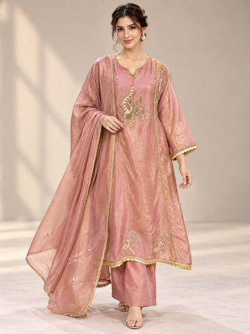 Ranas Peach Organza Silk Embroidered Three-Piece Suit Set