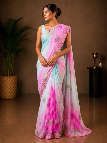 Ranas Sea Green & Rani Color Tie Dye Saree