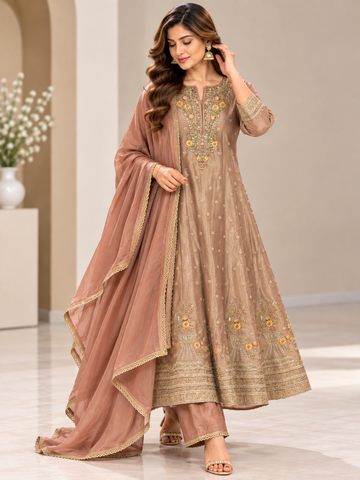 Ranas Peach Organza Silk Embroidered Anarkali Set