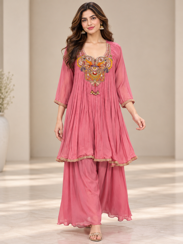 Ranas Pink Chinon Embroidered Co-Ord Set