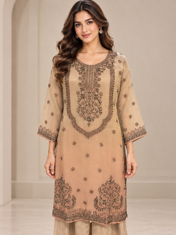 Ranas Beige & Peach Shaded Tissue Organza Three-Piece Suit Set