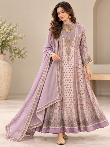 Ranas Lavender Maslin Silk Printed Anarkali Set