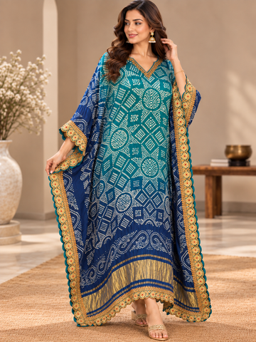 Ranas Sky Blue & Royal Blue Bandhej Gajji Silk Embroidered Kaftan