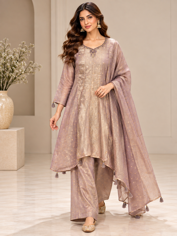Ranas Light Lavender Tissue Embroidered Three-Piece Suit Set