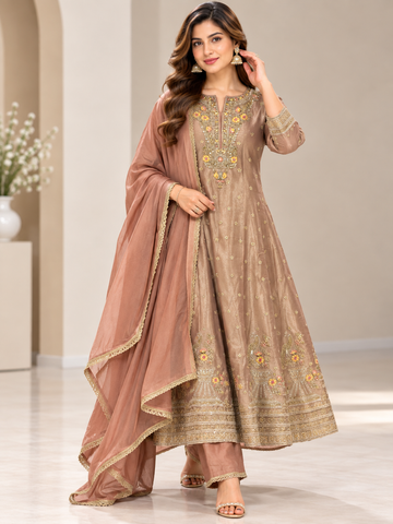 Ranas Peach Organza Silk Embroidered Anarkali Set