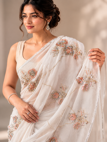 Ranas Seuine & Cutdana Work Pure Chiffon Saree