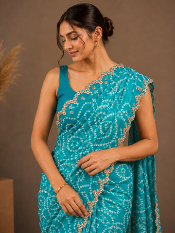 Ranas Sea green Handcrafted Bandhani Saree