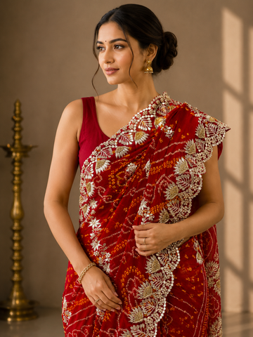 Ranas Gota Patti Work Bandhej Saree