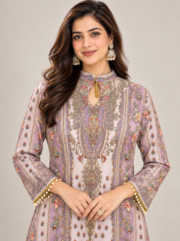 Ranas Lavender Maslin Silk Printed Anarkali Set