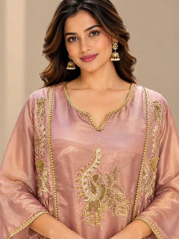 Ranas Peach Organza Silk Embroidered Three-Piece Suit Set