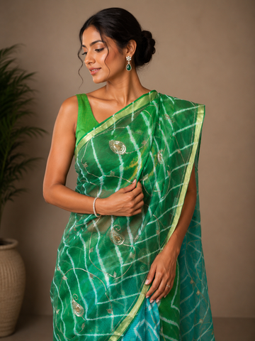 Ranas Aari & Sequins work Green color Leheriya Saree