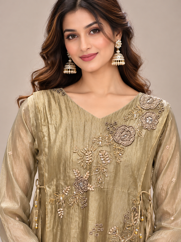 Ranas Olive Green Tissue Embroidered Two-Piece Suit Set