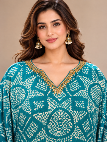 Ranas Sky Blue & Royal Blue Bandhej Gajji Silk Embroidered Kaftan