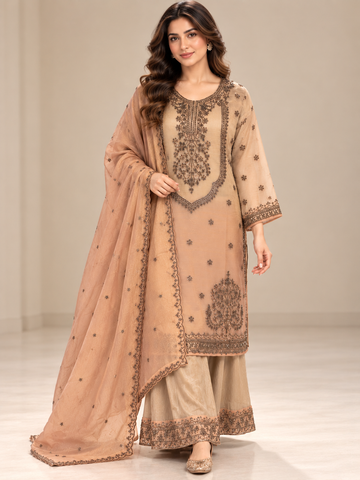 Ranas Beige & Peach Shaded Tissue Organza Three-Piece Suit Set
