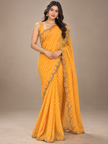 Ranas Yellow Leheriya Pure Georgette Saree with Marori Work