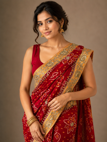 Ranas Luxury Red Bandhej Saree for Traditional Occasions