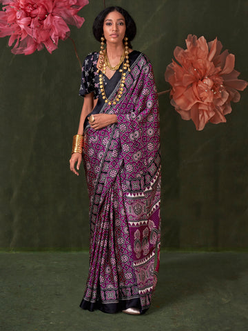 Ranas Ajarakh Print Elegant Satin Crepe Saree