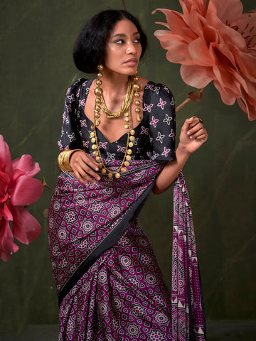 Ranas Ajarakh Print Elegant Satin Crepe Saree
