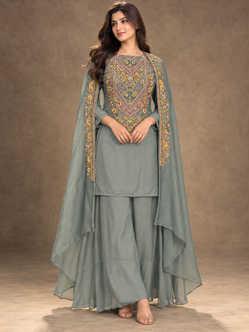 Ranas Grayish Blue Organza Designer Suit with Shrug