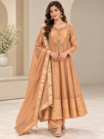 Ranas Peach Tissue Anarkali Set with Banarsi Border