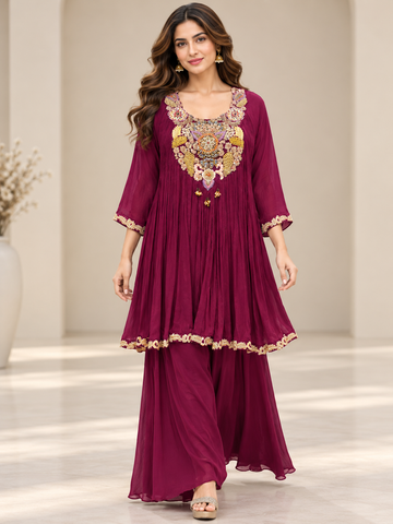 Ranas Wine Color Chinon Embroidered Co-Ord Set