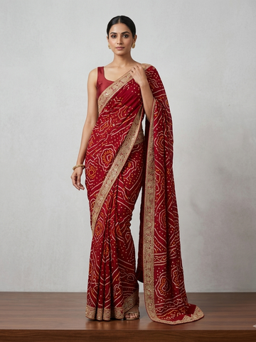 Ranas Red Color Marori & Sequine Work Bandhej Saree