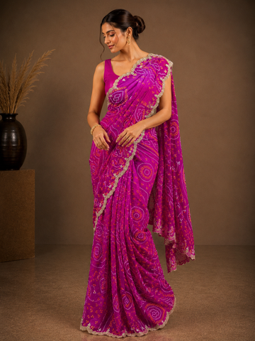Ranas Rani & Pink Shaded Ethnic Bandhej Saree