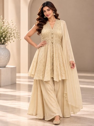 Ranas Beige Chanderi Indo-Western Set
