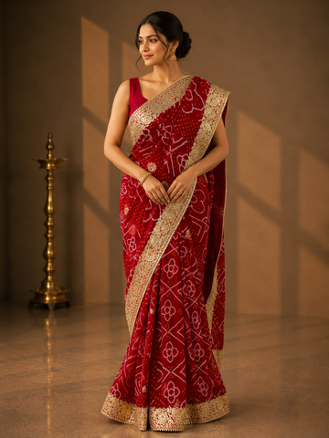 Ranas Gota Patti Work Bandhej Saree