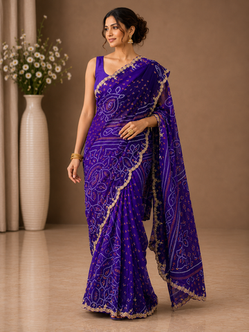 Ranas Purple Shaded Handcrafted Bandhani Saree