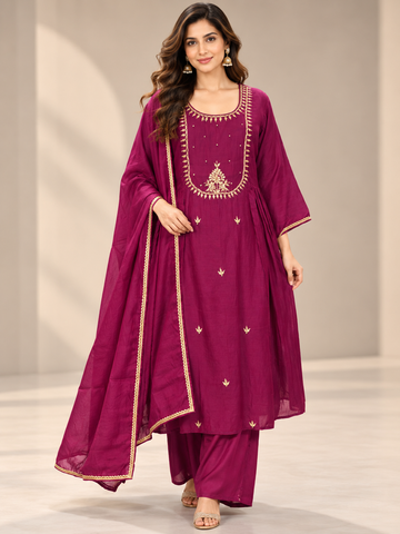 Ranas Wine color Mul Cotton  Three-Piece Suit Set