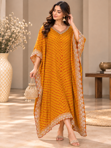 Ranas Mustard Bandhej Gajji Silk Embroidered Kaftan