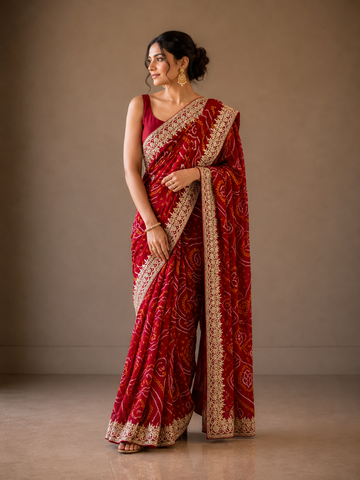 Ranas Gota Patti Work Red bandhej Saree