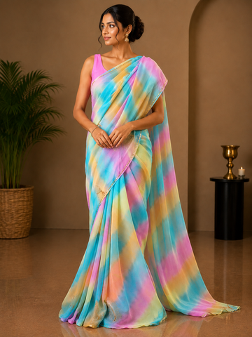 Ranas Pure Chiffon Aari & Sequins Work Leheriya Saree