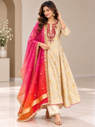 Ranas Off White Banarsi Chanderi Embroidered Anarkali Set